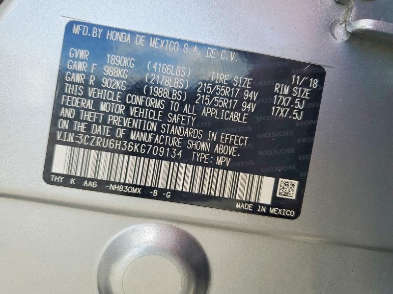 2019 Honda Hr-v მანქანა იყიდება აუქციონზე, vin: 3CZRU6H36KG709134, აუქციონის ნომერი: 71897306