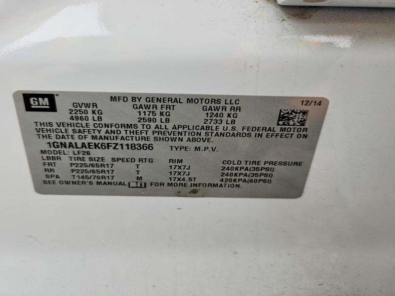 2015 Chevrolet Equinox მანქანა იყიდება აუქციონზე, vin: 1GNALAEK6FZ118366, აუქციონის ნომერი: 71390506