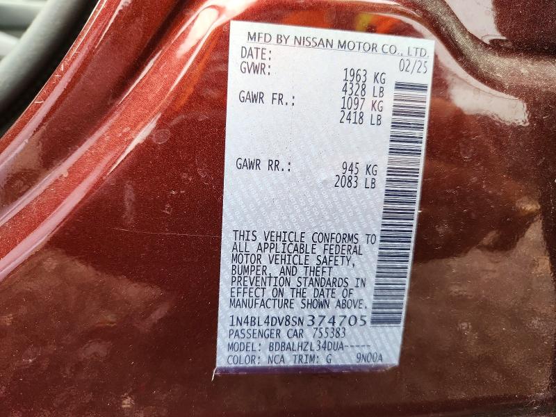 Aukcja sprzedaży 2025 Nissan Altima, vin: 1N4BL4DV8SN374705, numer aukcji: 72815756
