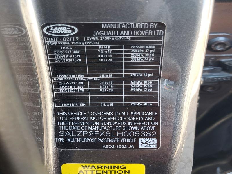 Aukcja sprzedaży 2020 Land Rover Range Rover Evoque, vin: SALZP2FX6LH005382, numer aukcji: 72076726