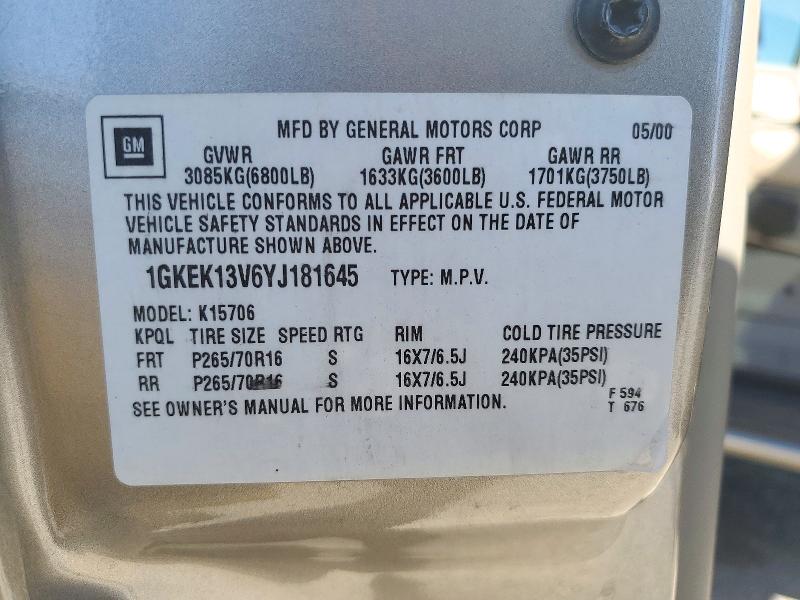 2000 Gmc Yukon მანქანა იყიდება აუქციონზე, vin: 1GKEK13V6YJ181645, აუქციონის ნომერი: 72200426