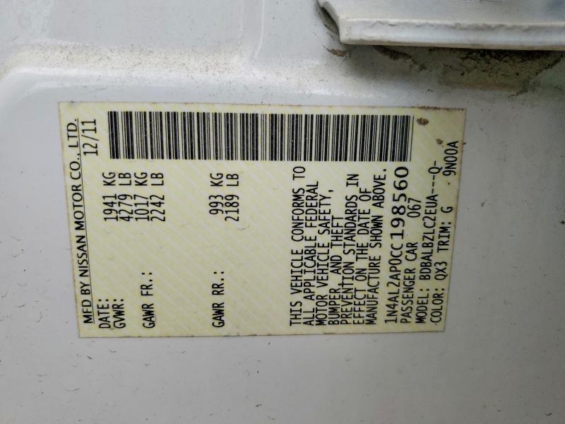 2012 Nissan Altima მანქანა იყიდება აუქციონზე, vin: 1N4AL2AP0CC198560, აუქციონის ნომერი: 70948006