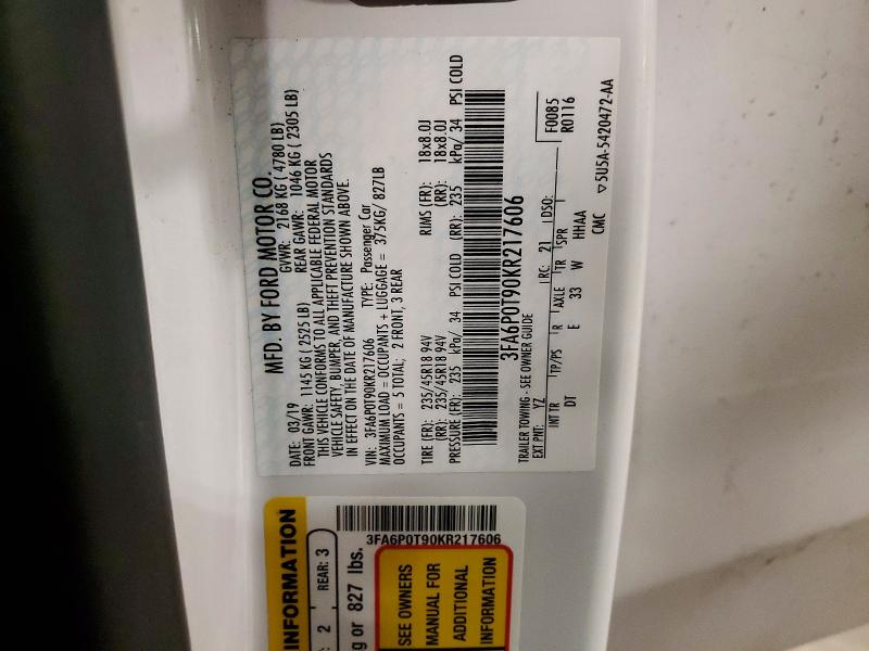 72450786 :رقم المزاد ، 3FA6P0T90KR217606 vin ، 2019 Ford Fusion مزاد بيع