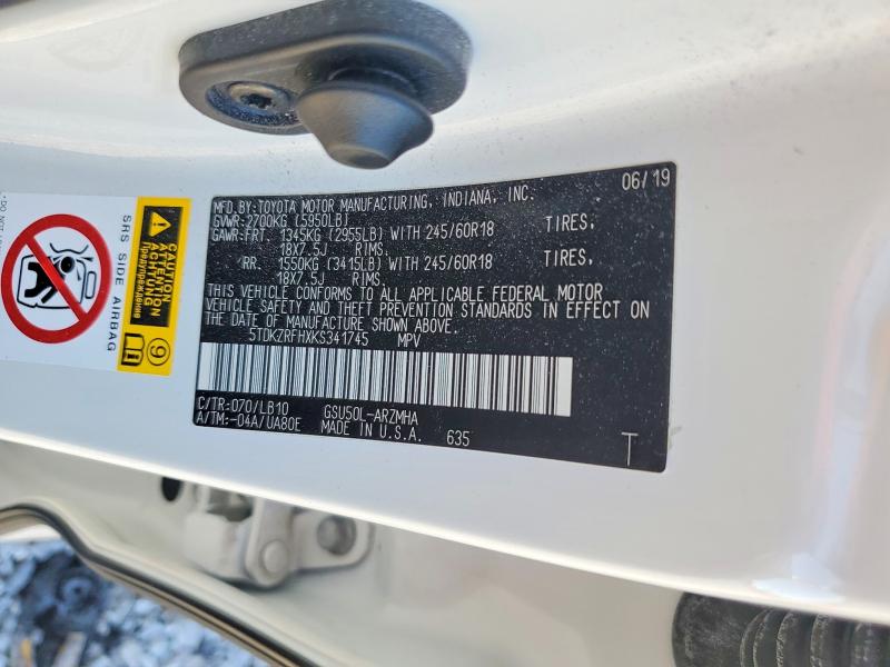 Продаж на аукціоні авто 2019 Toyota Highlander, vin: 5TDKZRFHXKS341745, номер лоту: 71635046