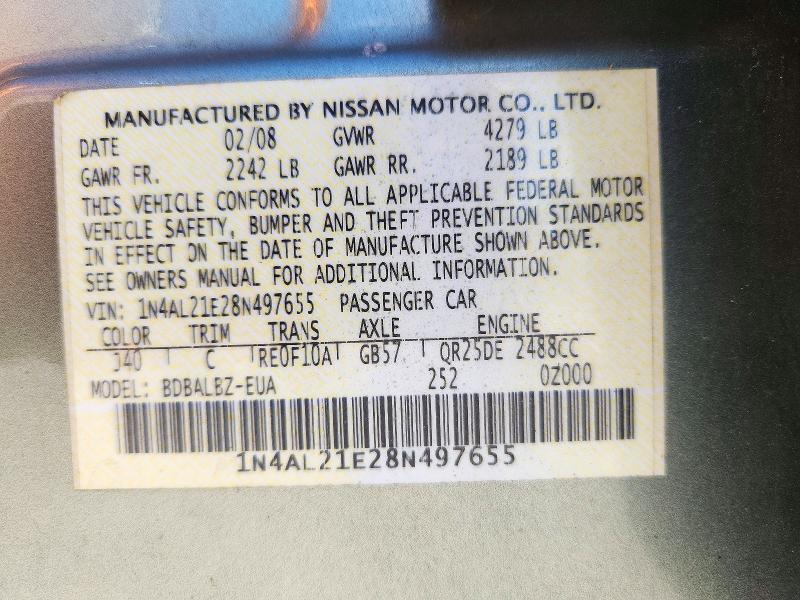 2008 Nissan Altima მანქანა იყიდება აუქციონზე, vin: 1N4AL21E28N497655, აუქციონის ნომერი: 71708566