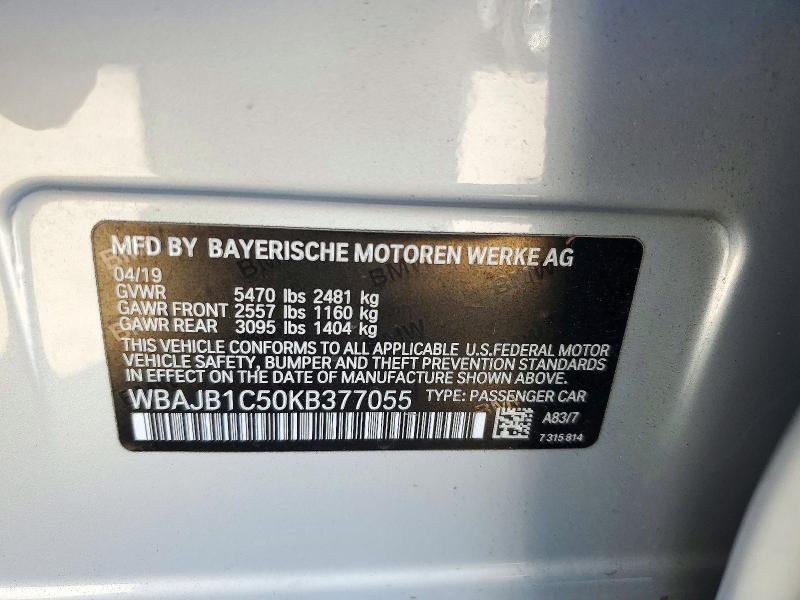 2019 Bmw 530xe მანქანა იყიდება აუქციონზე, vin: WBAJB1C50KB377055, აუქციონის ნომერი: 71934756