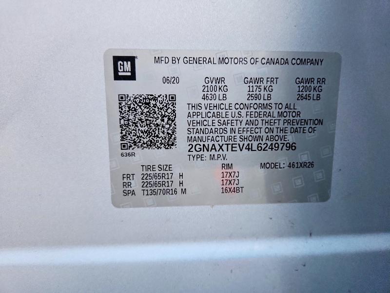 66112566 :رقم المزاد ، 2GNAXTEV4L6249796 vin ، 2020 Chevrolet Equinox مزاد بيع