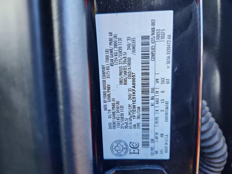 72510596 :رقم المزاد ، 1FTEW1E51KFA89057 vin ، 2019 Ford F150 مزاد بيع