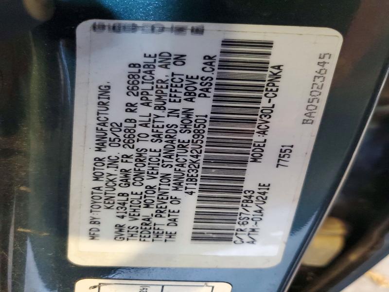 71893376 :رقم المزاد ، 4T1BE32K42U598501 vin ، 2002 Toyota Camry مزاد بيع