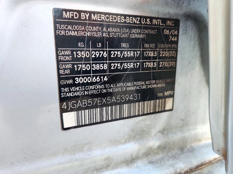 2005 Mercedes-benz Ml მანქანა იყიდება აუქციონზე, vin: 4JGAB57EX5A539431, აუქციონის ნომერი: 71916186