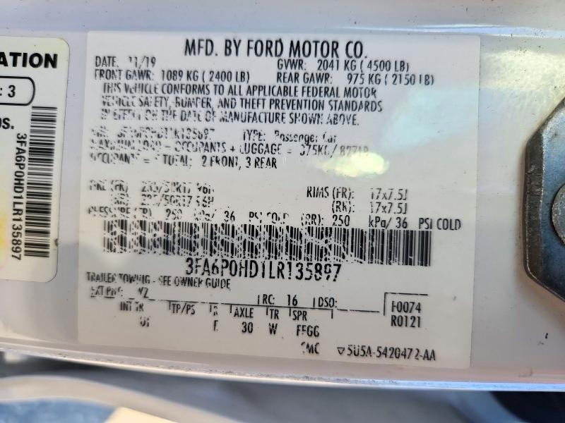 69415666 :رقم المزاد ، 3FA6P0HD1LR135897 vin ، 2020 Ford Fusion مزاد بيع