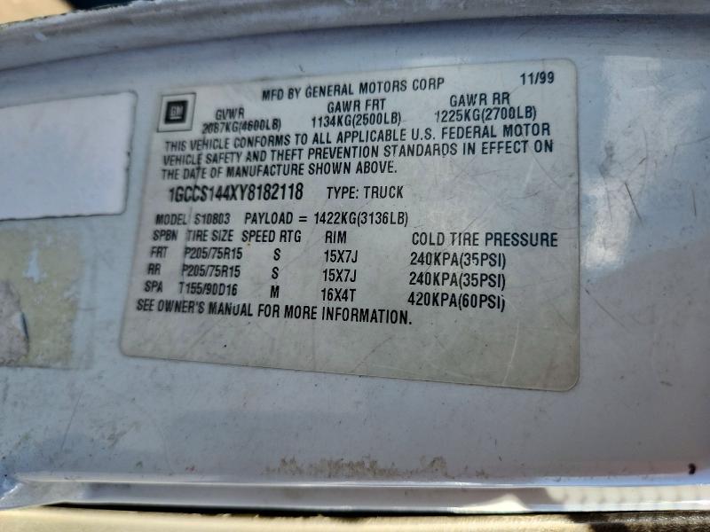 2000 Chevrolet S Truck მანქანა იყიდება აუქციონზე, vin: 1GCCS144XY8182118, აუქციონის ნომერი: 72444476
