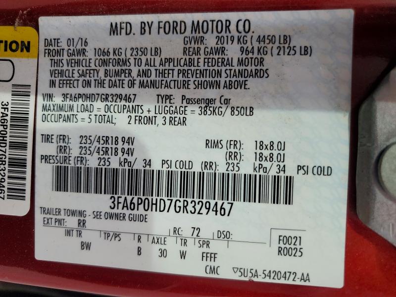 2016 Ford Fusion მანქანა იყიდება აუქციონზე, vin: 3FA6P0HD7GR329467, აუქციონის ნომერი: 71598426