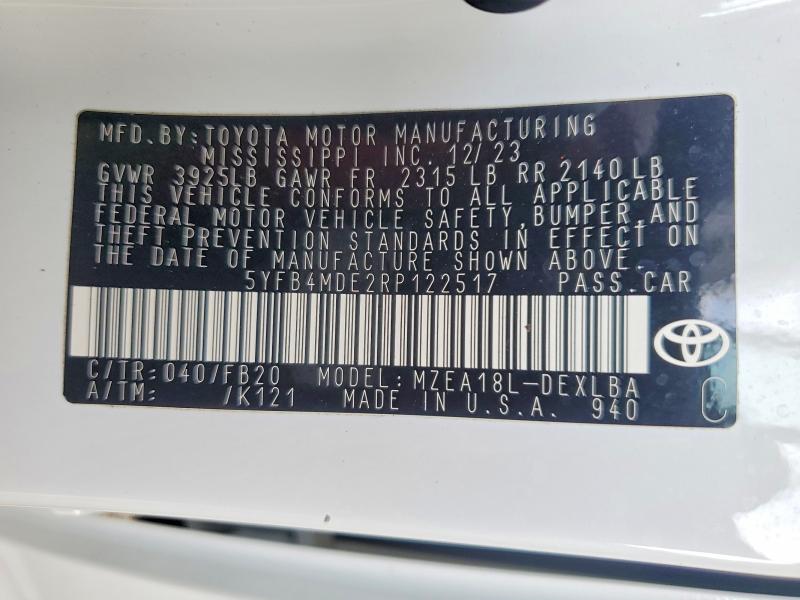 Продажа на аукционе авто 2024 Toyota Corolla, vin: 5YFB4MDE2RP122517, номер лота: 71774096