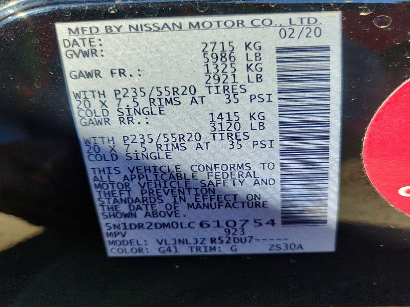 Продаж на аукціоні авто 2020 Nissan Pathfinder, vin: 5N1DR2DM0LC610754, номер лоту: 71313026
