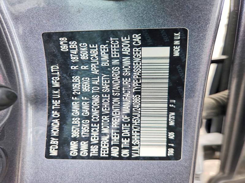 Продаж на аукціоні авто 2018 Honda Civic, vin: SHHFK7H5XJU240865, номер лоту: 71661186