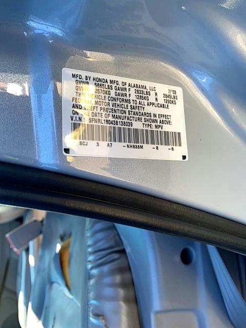 Продаж на аукціоні авто 2003 Honda Odyssey, vin: 5FNRL18043B138039, номер лоту: 72403396