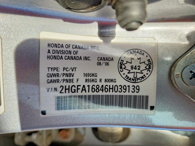 Aukcja sprzedaży 2006 Honda Civic, vin: 2HGFA16846H039139, numer aukcji: 72148626