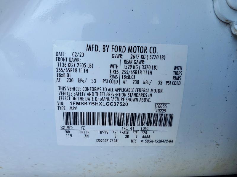 2020 Ford Explorer მანქანა იყიდება აუქციონზე, vin: 1FMSK7BHXLGC07520, აუქციონის ნომერი: 71976806