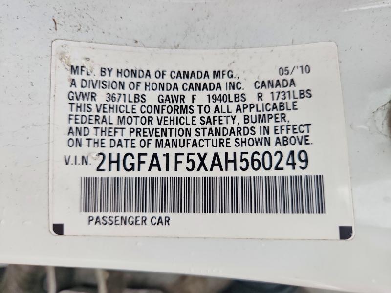 2010 Honda Civic მანქანა იყიდება აუქციონზე, vin: 2HGFA1F5XAH560249, აუქციონის ნომერი: 69464646