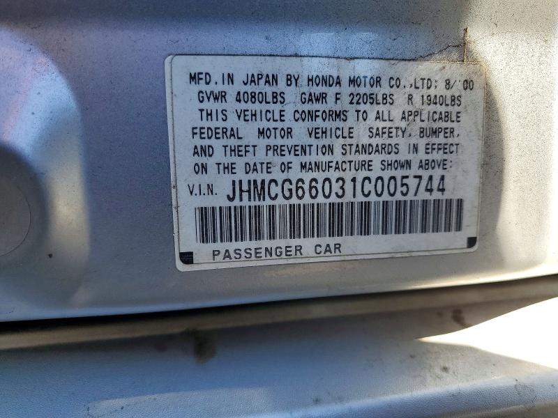2001 Honda Accord მანქანა იყიდება აუქციონზე, vin: JHMCG66031C005744, აუქციონის ნომერი: 72624746