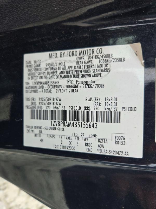 Aukcja sprzedaży 2011 Ford Mustang, vin: 1ZVBP8AM4B5155643, numer aukcji: 71498126