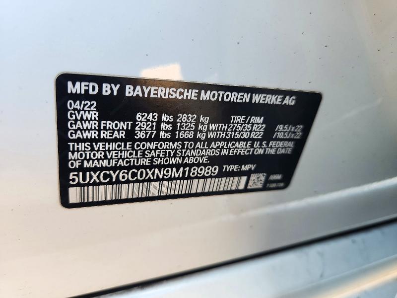 72172646 :رقم المزاد ، 5UXCY6C0XN9M18989 vin ، 2022 Bmw X6 مزاد بيع