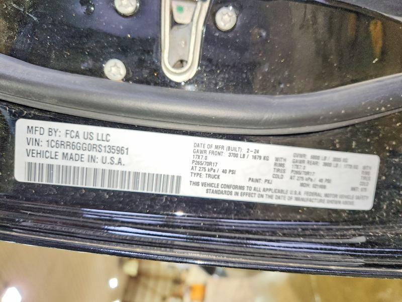 2024 Ram 1500 Classic მანქანა იყიდება აუქციონზე, vin: 1C6RR6GG0RS135961, აუქციონის ნომერი: 70868126