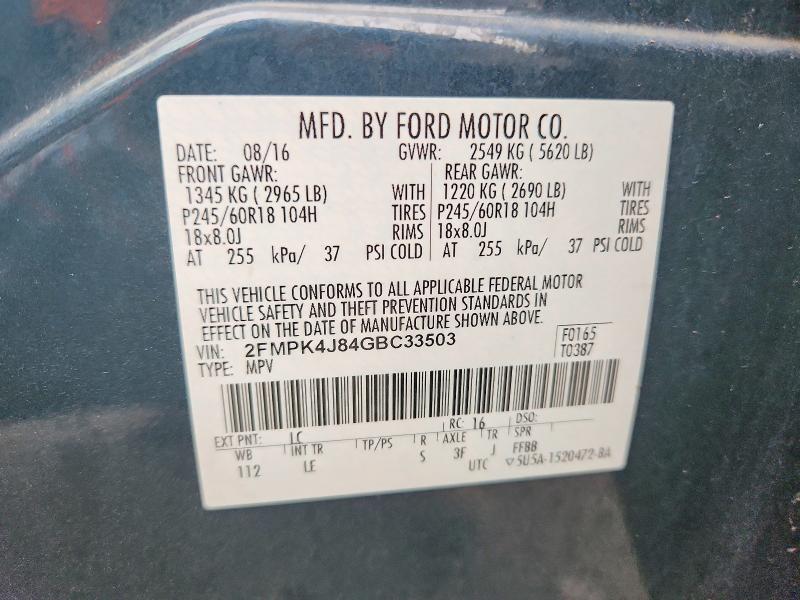 71586836 :رقم المزاد ، 2FMPK4J84GBC33503 vin ، 2016 Ford Edge مزاد بيع