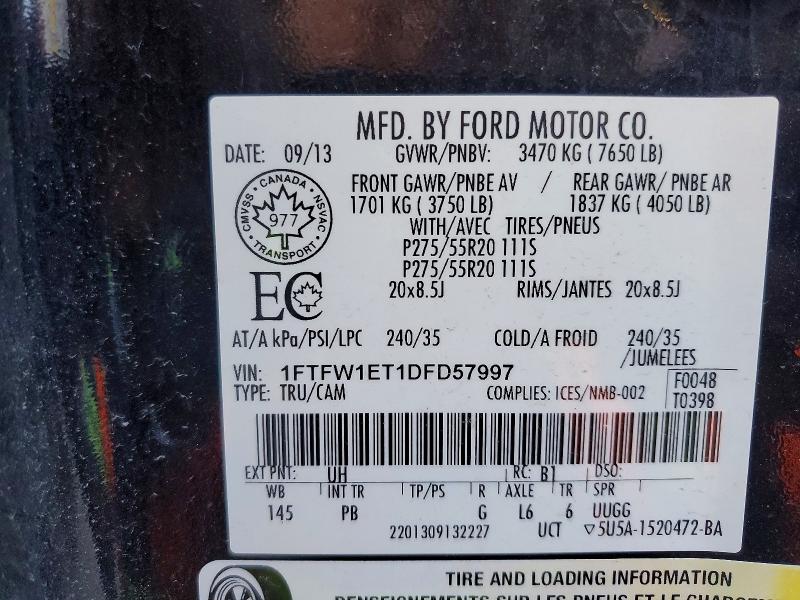 2013 Ford F150 მანქანა იყიდება აუქციონზე, vin: 1FTFW1ET1DFD57997, აუქციონის ნომერი: 70260356