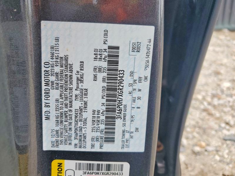 2016 Ford Fusion მანქანა იყიდება აუქციონზე, vin: 3FA6P0H7XGR290433, აუქციონის ნომერი: 71186196