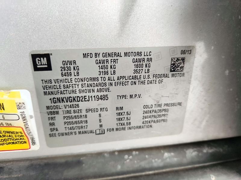 71992926 :رقم المزاد ، 1GNKVGKD2EJ119485 vin ، 2014 Chevrolet Traverse مزاد بيع