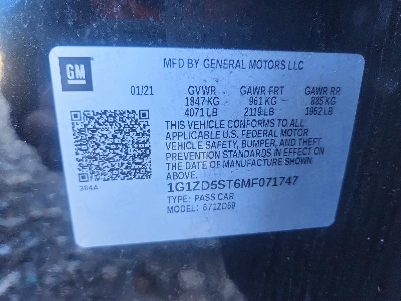 73158126 :رقم المزاد ، 1G1ZD5ST6MF071747 vin ، 2021 Chevrolet Malibu مزاد بيع
