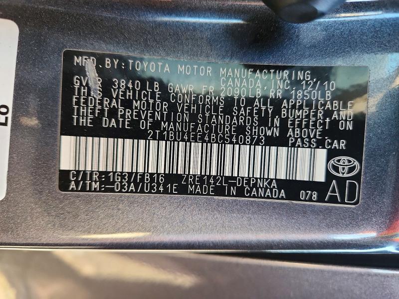 Продаж на аукціоні авто 2011 Toyota Corolla, vin: 2T1BU4EE4BC540873, номер лоту: 71547196