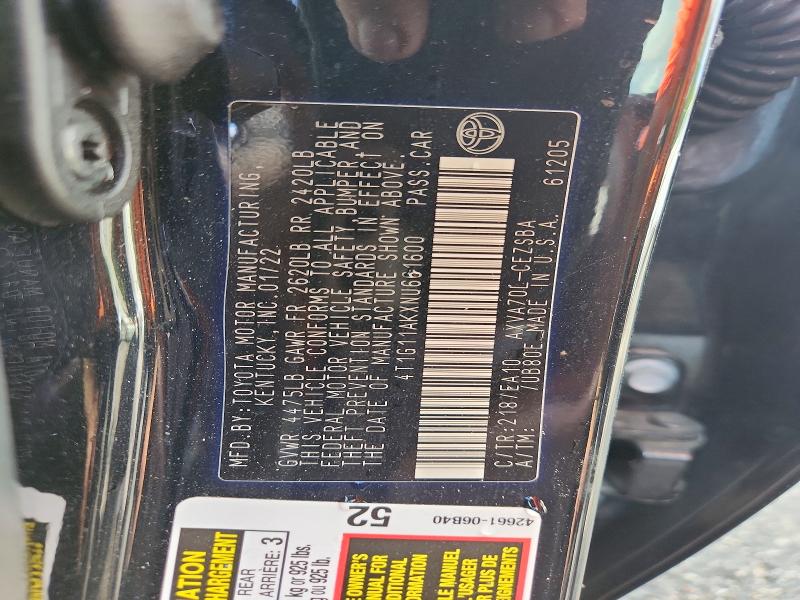 71230726 :رقم المزاد ، 4T1G11AKXNU661600 vin ، 2022 Toyota Camry مزاد بيع