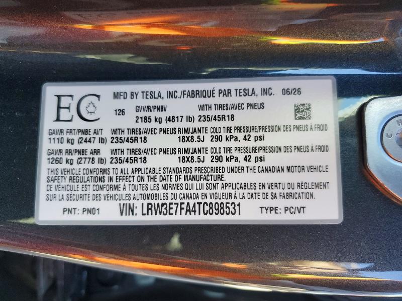 Продаж на аукціоні авто 2026 Tesla Model 3, vin: LRW3E7FA4TC898531, номер лоту: 71144896