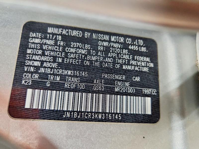 71535146 :رقم المزاد ، JN1BJ1CR3KW316145 vin ، 2019 Nissan Rogue Sport مزاد بيع