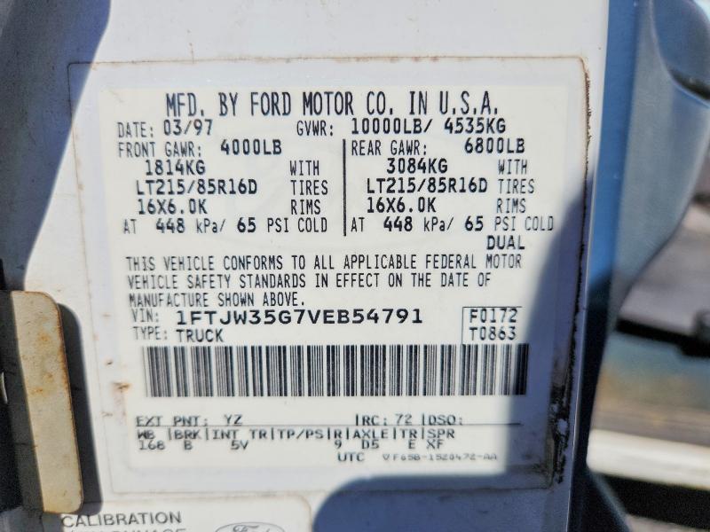 1997 Ford F350 მანქანა იყიდება აუქციონზე, vin: 1FTJW35G7VEB54791, აუქციონის ნომერი: 71142246