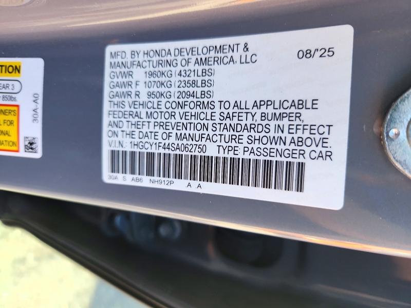 2025 Honda Accord მანქანა იყიდება აუქციონზე, vin: 1HGCY1F44SA062750, აუქციონის ნომერი: 71512436