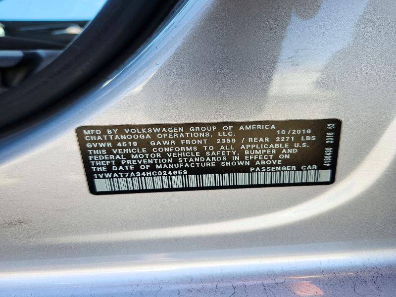 Продаж на аукціоні авто 2017 Volkswagen Passat, vin: 1VWAT7A34HC024659, номер лоту: 72383076