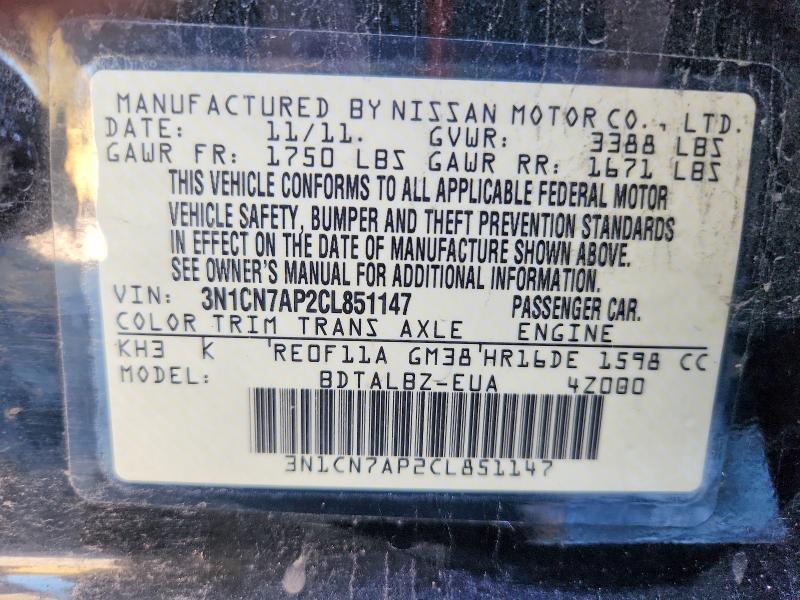 Aukcja sprzedaży 2012 Nissan Versa, vin: 3N1CN7AP2CL851147, numer aukcji: 71618746