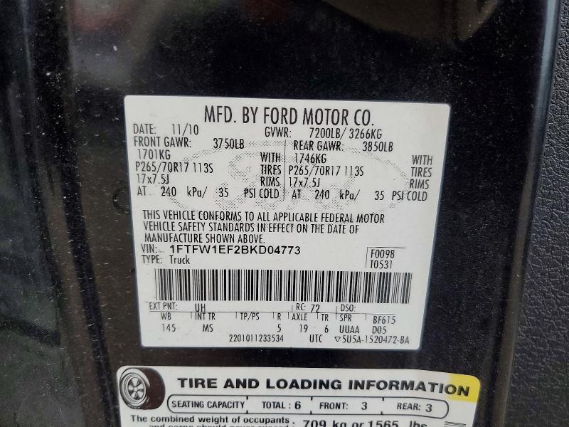 71180186 :رقم المزاد ، 1FTFW1EF2BKD04773 vin ، 2011 Ford F150 مزاد بيع
