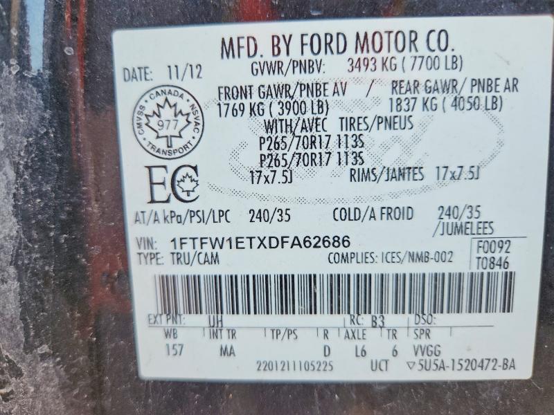 71913836 :رقم المزاد ، 1FTFW1ETXDFA62686 vin ، 2013 Ford F150 مزاد بيع