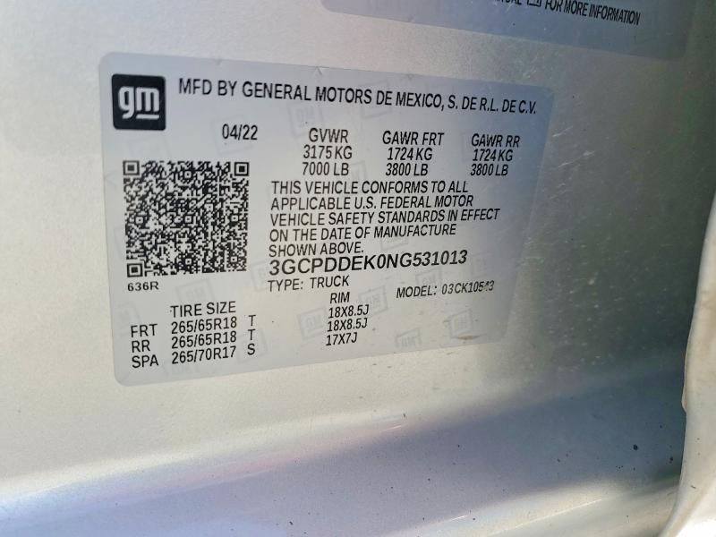 71762116 :رقم المزاد ، 3GCPDDEK0NG531013 vin ، 2022 Chevrolet Silverado مزاد بيع