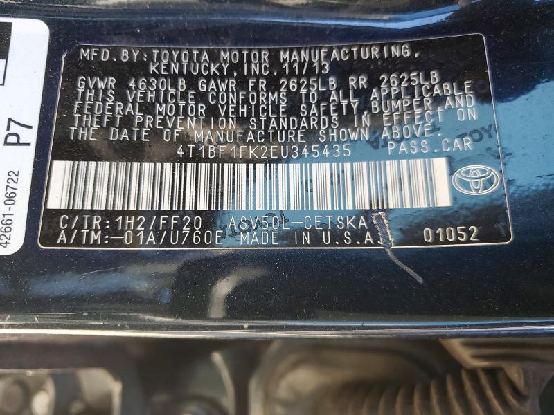 2014 Toyota Camry მანქანა იყიდება აუქციონზე, vin: 4T1BF1FK2EU345435, აუქციონის ნომერი: 71277546