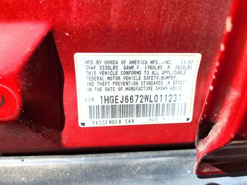 Aukcja sprzedaży 1998 Honda Civic, vin: 1HGEJ6672WL011231, numer aukcji: 71444516