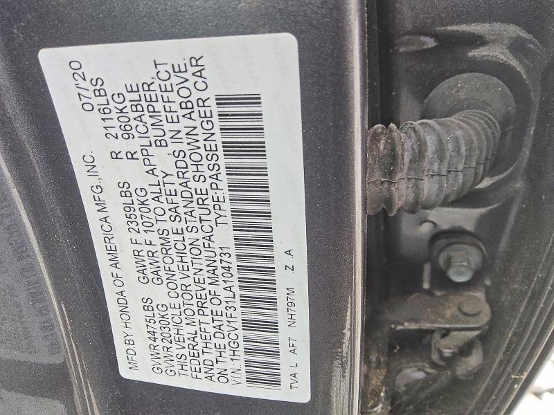 71643036 :رقم المزاد ، 1HGCV1F31LA104731 vin ، 2020 Honda Accord مزاد بيع