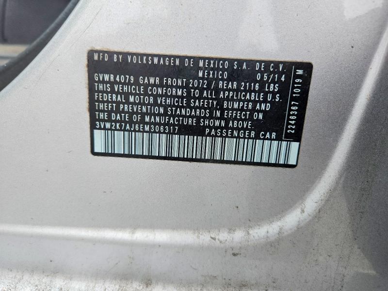 2014 Volkswagen Jetta მანქანა იყიდება აუქციონზე, vin: 3VW2K7AJ6EM306317, აუქციონის ნომერი: 71748086