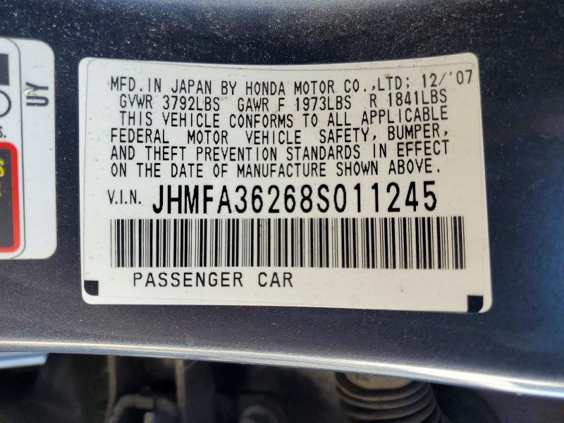 Aukcja sprzedaży 2008 Honda Civic, vin: JHMFA36268S011245, numer aukcji: 72026286