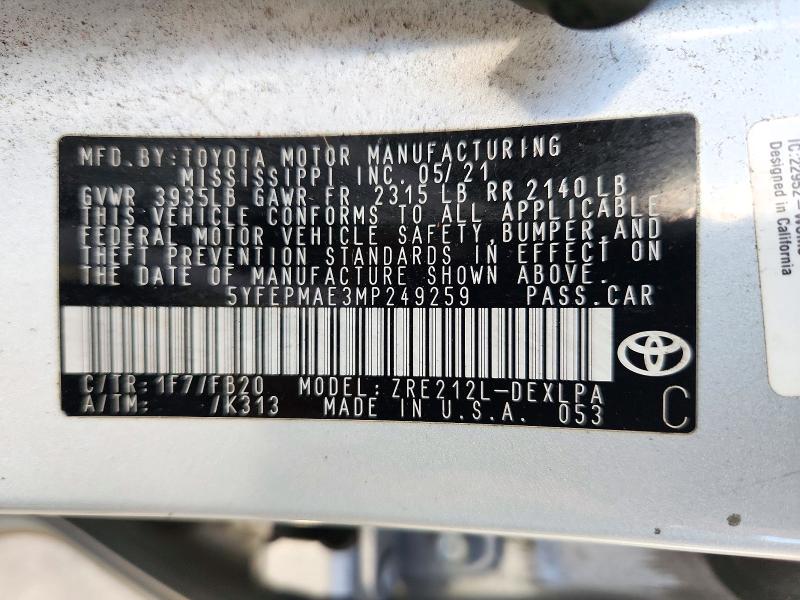Продажа на аукционе авто 2021 Toyota Corolla, vin: 5YFEPMAE3MP249259, номер лота: 71898726